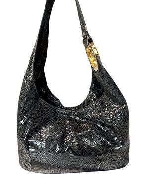 Michael Kors Black Snakeskin Embossed Hobo Bag With Gold MK Charm - Chic Stateme